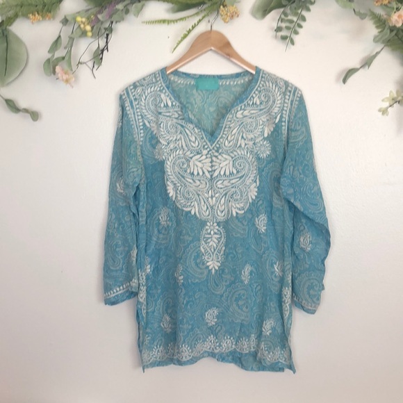 Tops - Light blue embroidered light weight  tunic top
